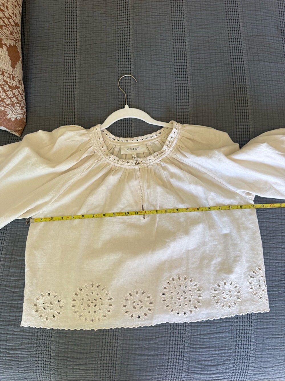 THE GREAT. Cream Eyelet Peasant Blouse with Scoop Neck - Picture 6 of 6